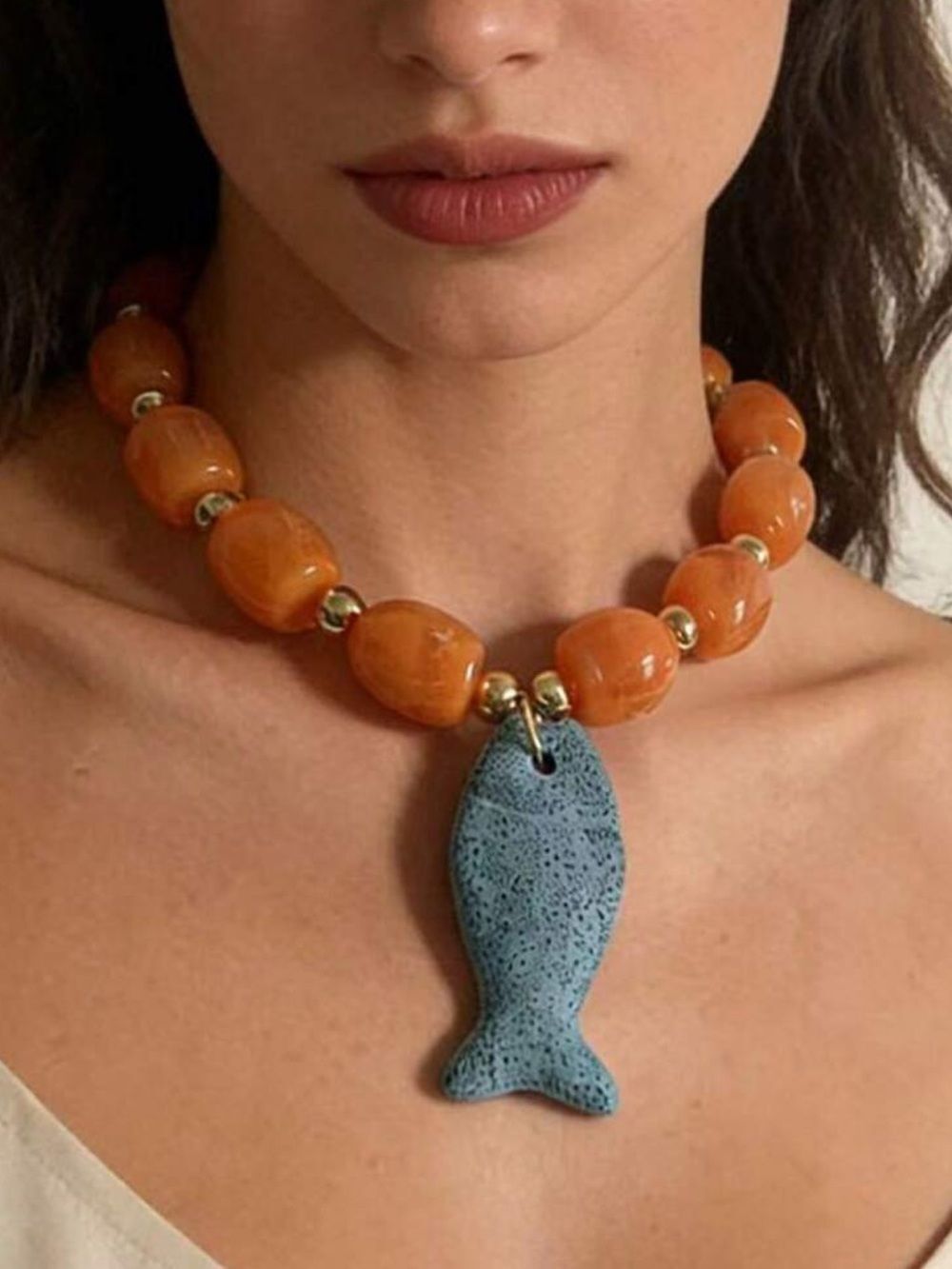 Orange Bead Necklace with Blue Fish Pendant R758